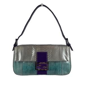 Fendi Vintage Silver Blue Purple Fuchsia Ombré Snakeskin Baguette Shoulder Bag